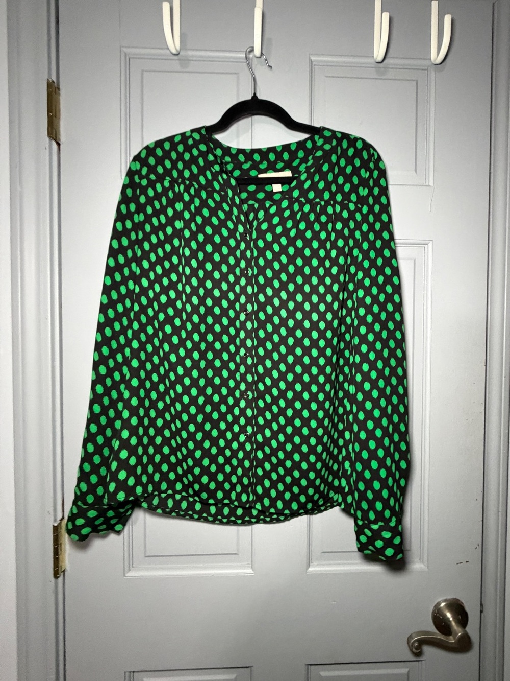 Banana Republic Black Blouse with Bright Green Polka Dots